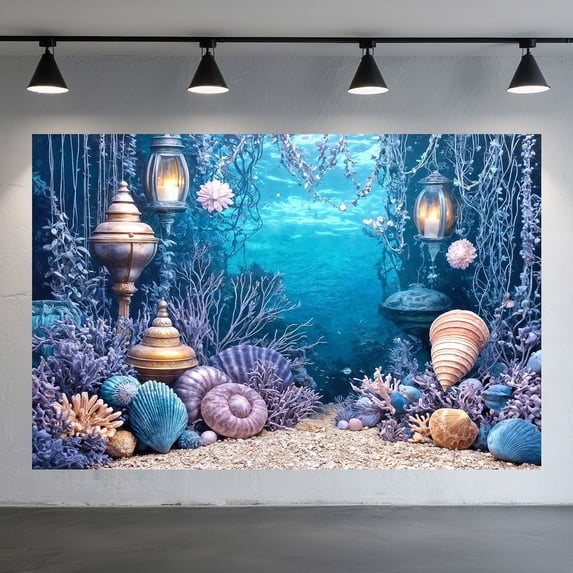 Shell Posster Blue Mermaid Birthday Backdrop Purple Blue Deep Sea Shell Baby Shower Party ...