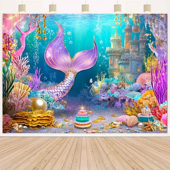 Mermaid Birthday Backdrop Under The Sea Mermaid Happy Birthday Photography Background Underwater Glitter Coral Pearl Castle Birthday Party Decorations Banner Supplies Photo Booth Props