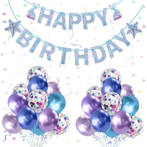 Mermaid Birthday Decorations: Happy Birthday Banner, 12inch Blue & Purple Balloons, Confetti Balloons, Ribbons - Ariel Theme - 23pcs