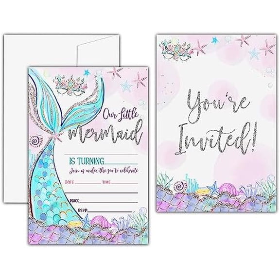 Mermaid Birthday Invitations, Glitter Mermaid Birthday Party Invitation Card, Under the Sea Birthday Party Favors & Celebration Supplies(20 Set of Invitations with Envelopes)-B13