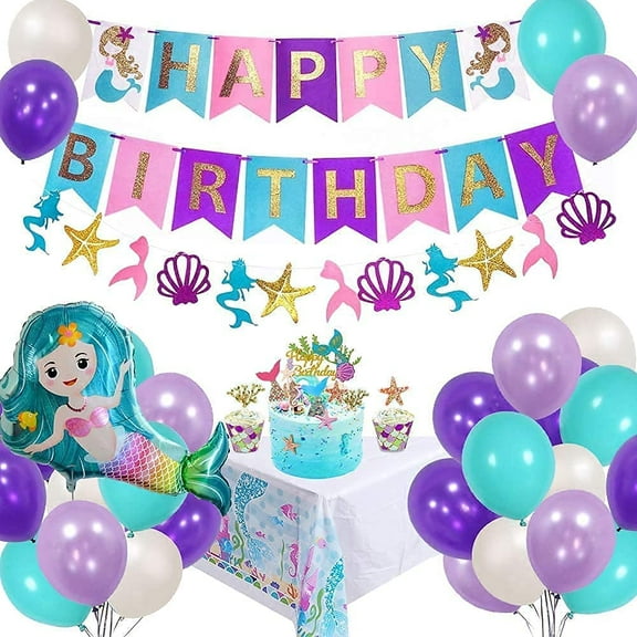 Mermaid Birthday Party Decorations, Happy Birthday Banner, Glitter Mermaid Cake Toppers, Baby Shower Birthday Party Supplies