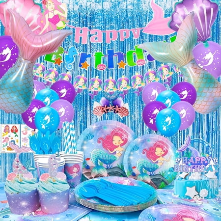 Mermaid Birthday Party Supplies, 202pcs Mermaid Birthday Decorations & Tableware Set - Mermaid Balloons Banners Plates Cups Napkins Tablecloth