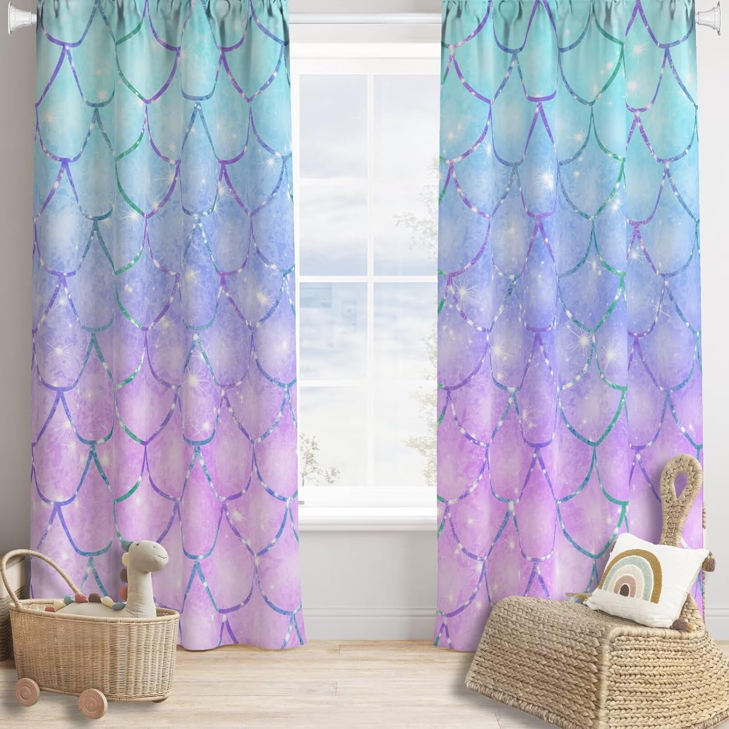 Mermaid Blackout Curtains Pink Blue Gradient Color Beautiful Fantasy Mermaid Scales Kids Girls Bedroom Living Room Bathroom Rod Pocket Decoration Window Drapes 2 Panels W42xL84in