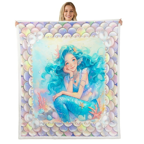 Mermaid Blanket Mermaid Throw Blanket Blue Mermaid Tail Fleece Blanket Mermaid Princess Themed Fuzzy Blanket Rainbow Scales Mermaid Sherpa Blanket 90"x90"