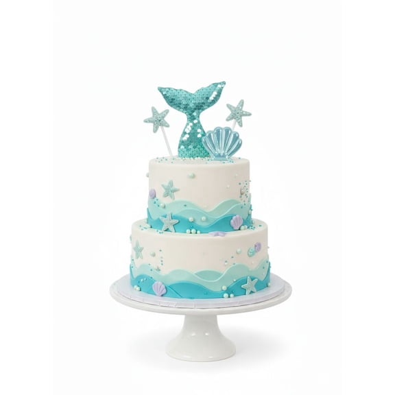 Mermaid Cake Topper Set 4 Pc Under the Sea Cake Decorations with Mermaid Tail, Shell & Starfish Picks Aqua Theme Birthday Party Supplies