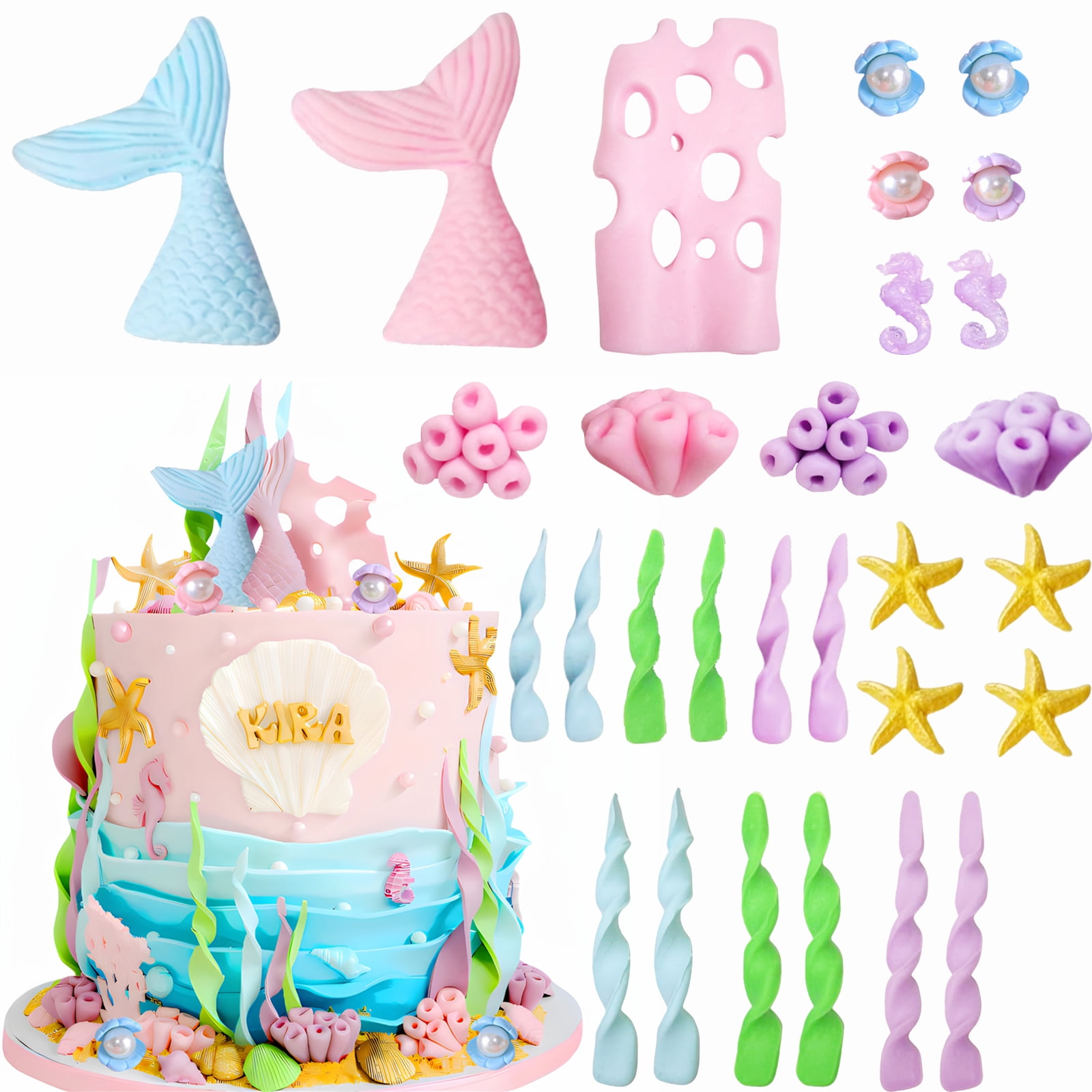 Knana 39-Piece Mermaid Cake Toppers Set - Mermaid Tails, Shells, Starfish, Seaweed For Under The Sea Birthday Party
