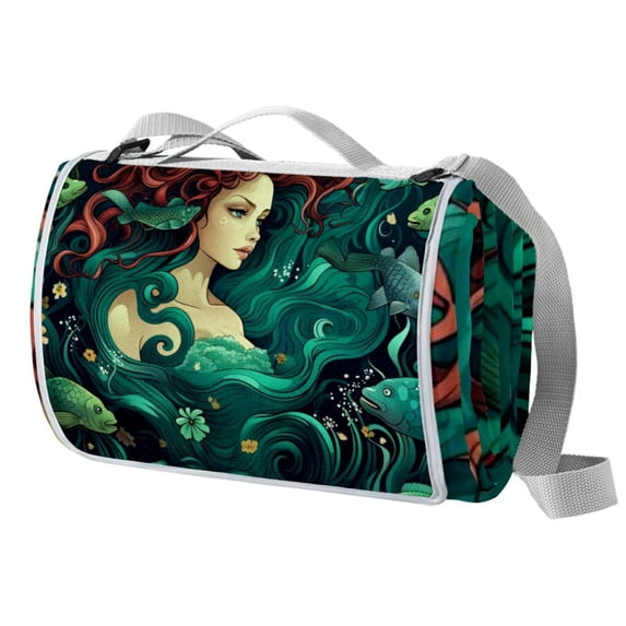 Mermaid Canvas Beach Blanket Picnic Mat - Waterproof Outdoor Sand Proof Mat with Tote Bag - Travel, Camping, Hiking, and Picnics on the Beach - 200x200cm Foldable and Lightweight