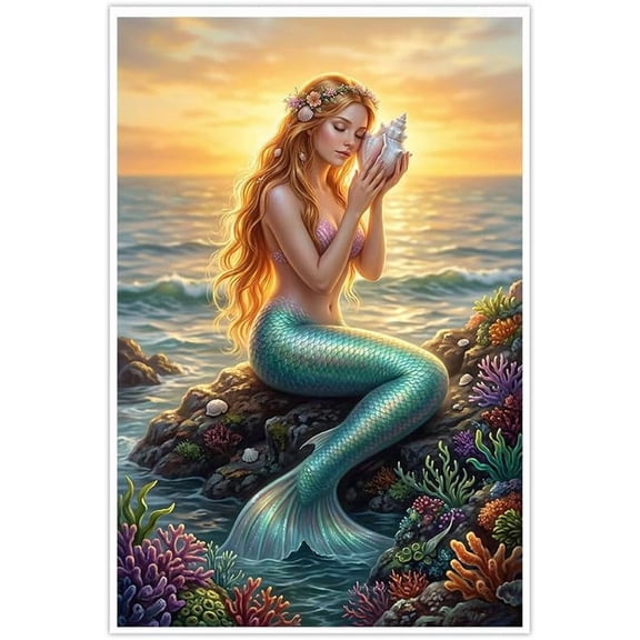 Mermaid Canvas Wall Art Ocean Sunset Poster Fantasy Coastal Beach Theme Decor for Girls Room Bedroom Living Room Bathroom Aesthetic Modern Home Office Nautical Decor