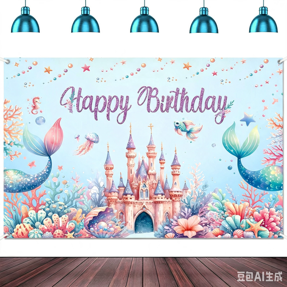 Mermaid Castle Under The Sea Happy Birthday Backdrop, Ocean Coral Tail Jellyfish Starfish Polyester Photo Background Banner for Girls Birthday Party Decor 70.843.3 Inch
