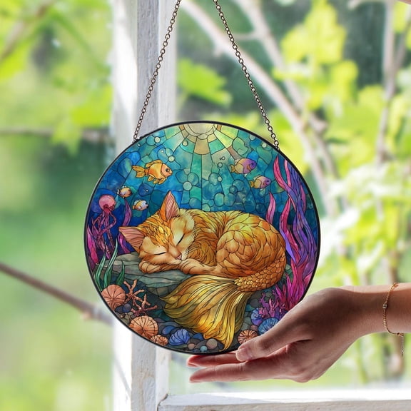 Mermaid Cat Glass Window Suncatcher – Whimsical Fantasy Feline Art Panel, Unique Gift For Catandmermaid Lovers, Magical Decor, Suncatcher Window Hanging, 6.3 in