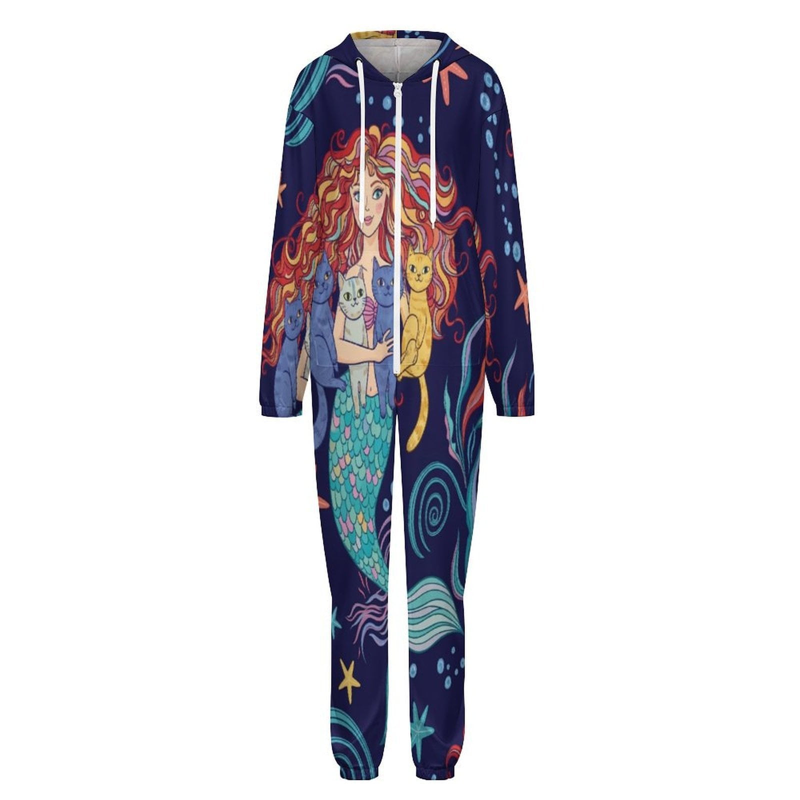 Mermaid Cats Ocean Fantasy Unisex Adult Onesie Pajamas with Pockets for ...