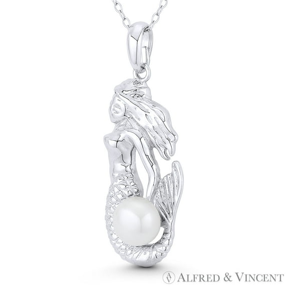 Mermaid Charm Cultured Pearl 37x14mm (1.5x0.6in) Pendant & Chain Necklace in .925 Sterling Silver w/ Rhodium