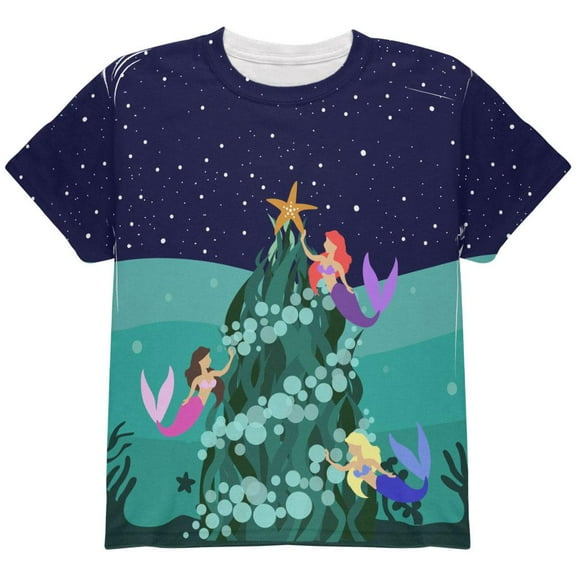 Mermaid Christmas Tree All Over Youth T Shirt Multi YXL