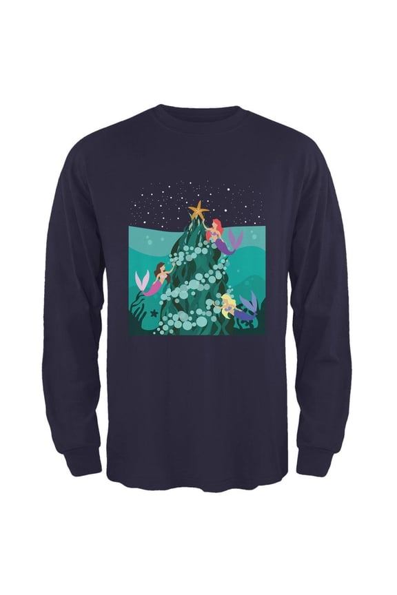 Mermaid Christmas Tree Mens Long Sleeve T Shirt Navy 2XL