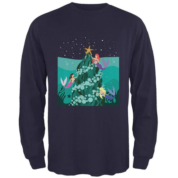 Mermaid Christmas Tree Mens Long Sleeve T Shirt Navy 3X-LG