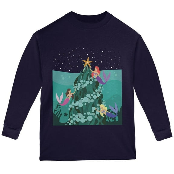 Mermaid Christmas Tree Youth Long Sleeve T Shirt Navy YLG