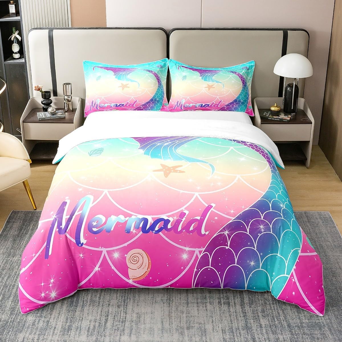 Mermaid Comforter Cover for Girls,Rainbow Mermaid Fish Scales Duvet ...