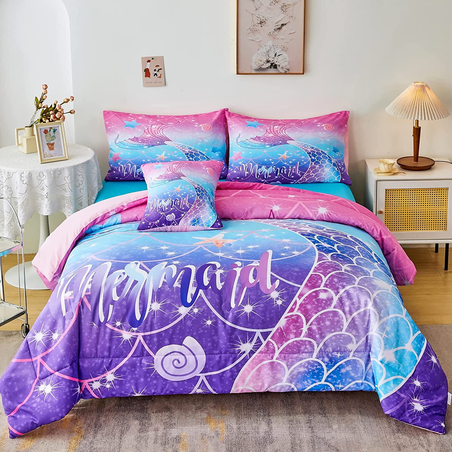 Mermaid Comforter Set 6Pcs, Kids Gilrs Bed in a Bag Twin Size, Mermaid