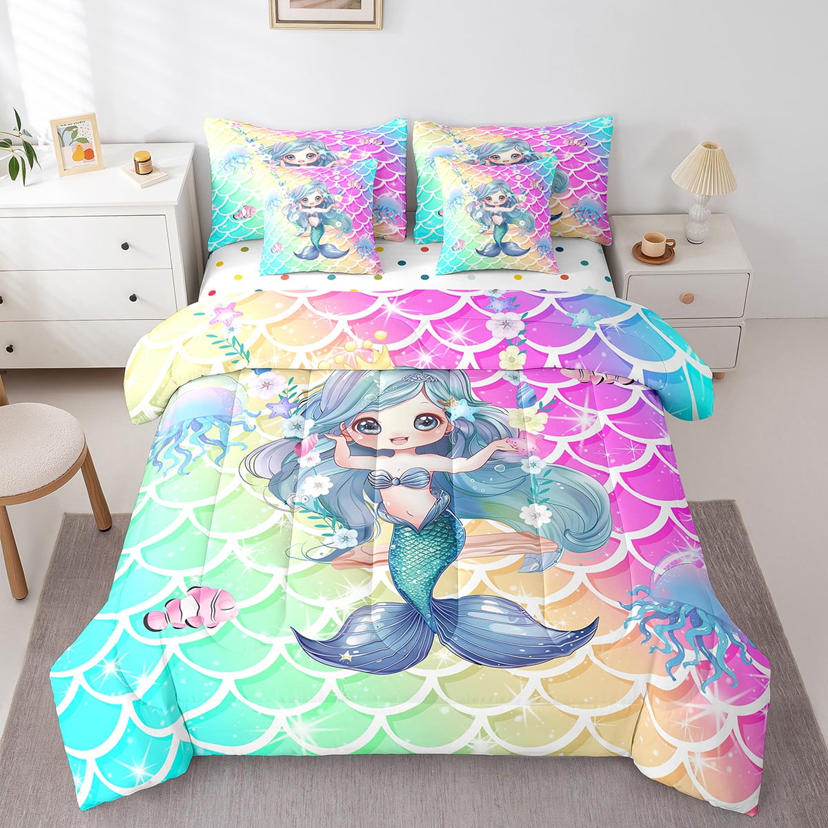 Mermaid Comforter Set 7 Piece Bed in a Bag Twin Ocean Jellyfish Gradient Fish Scale Bedding Sets Flowers Swing Kawaii Sheet Set with Comforter