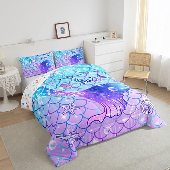 Mermaid Comforter Set Full Size Kids Bedding Set with Teal Blue  Mermaid Tail Print Reversible Stars Quilt and Glitter Decor
