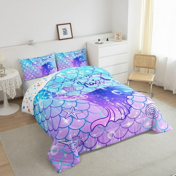 Mermaid Comforter Set Full Size Kids Bedding Set with Teal Blue Mermaid Tail Print Reversible Stars Quilt and Glitter Decor
