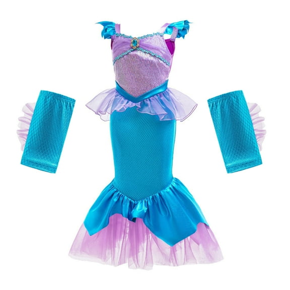 Mermaid Costume Fancy-Dress with Gloves for Little Girls 3-8Y