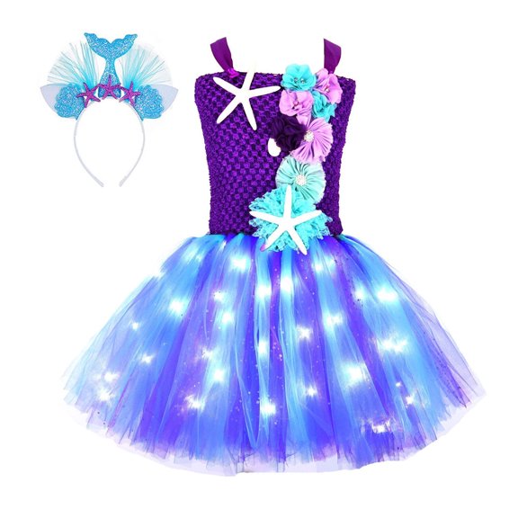 LED Light Up Little Mermaid Princess Tutu Dress for Halloween Birthday Party Gifts