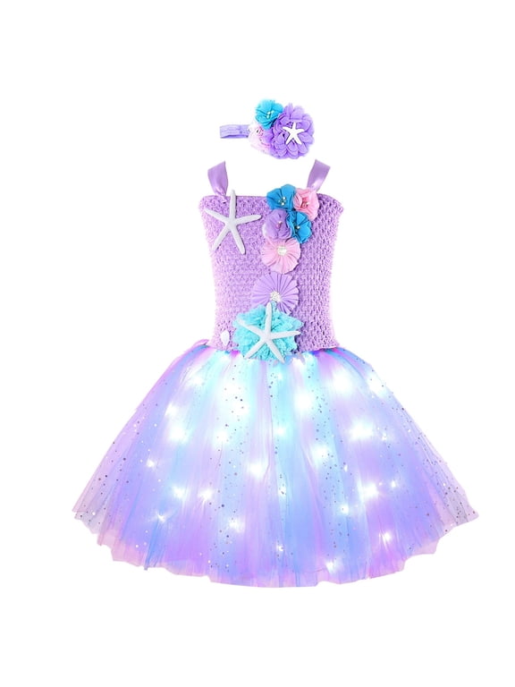LED Light Up Little Mermaid Princess Tutu Dress for Halloween Birthday Party Gifts