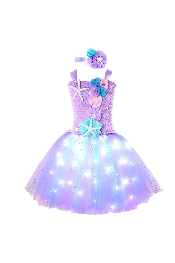 LED Light Up Little Mermaid Princess Tutu Dress for Halloween Birthday Party Gifts