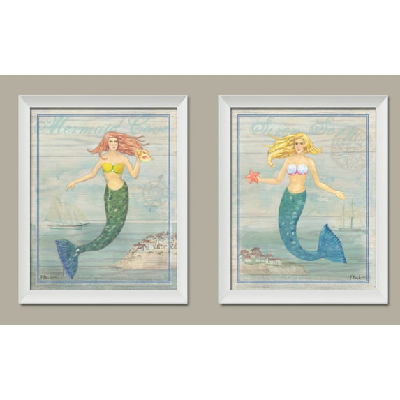Mermaid Cove; Beautifully Elegant Mermaid Coastal Prints; Nautical Décor; Two 11x14 in White Framed Prints