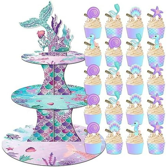 Mermaid Cupcake Stand for 20 Cupcakes with 20Pcs Cupcake Topper and Wrappers 3 Tier cupcake stand Ocean Themed Party Supplies Cupcake Display Holder for Birthday Party, Baby Shower, Party