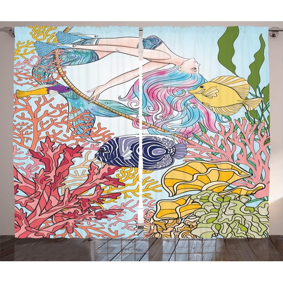Ambesonne Mermaid Curtains 2 Panel Set, Sketchy Sea Coral Reefs, 108" x 90", Multicolor