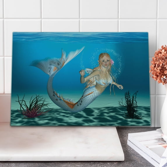 Mermaid Cutting Board, Graphic of a Mermaid in Tropical Ocean Creature, Decorative Tempered Glass Cutting and Serving Board, Large Size, Sea Blue Navy, by Ambesonne