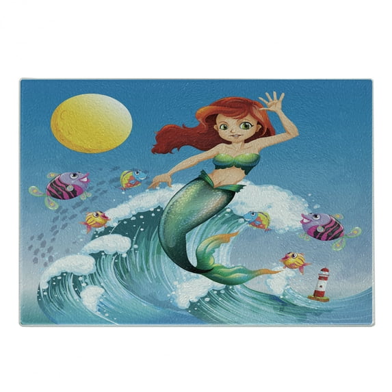 Mermaid Cutting Board, Illustration Little Girl on top of a Big Wave in the Surf Fish, Decorative Tempered Glass Cutting and Serving Board, Small Size, Multicolor, by Ambesonne