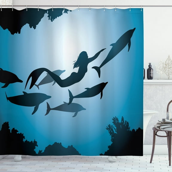 Mermaid Decor Shower Curtain Set, The Mermaid And Dolphins Underwater View Friendship Travel Diving Fin Sea, Bathroom Accessories, 69W X 70L Inches, By Ambesonne