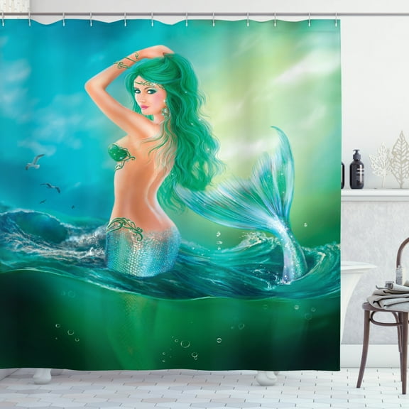 Mermaid Decor Shower Curtain Set, Mermaid In Ocean On Waves Tail Sea Creatures Dramatic Sky Dark Clouds, Bathroom Accessories, 69W X 70L Inches, By Ambesonne