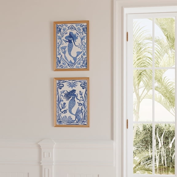 Mermaid Delft Blue Tile Prints Coastal Wall Art Set 2 Unframed Paper Print 8x12