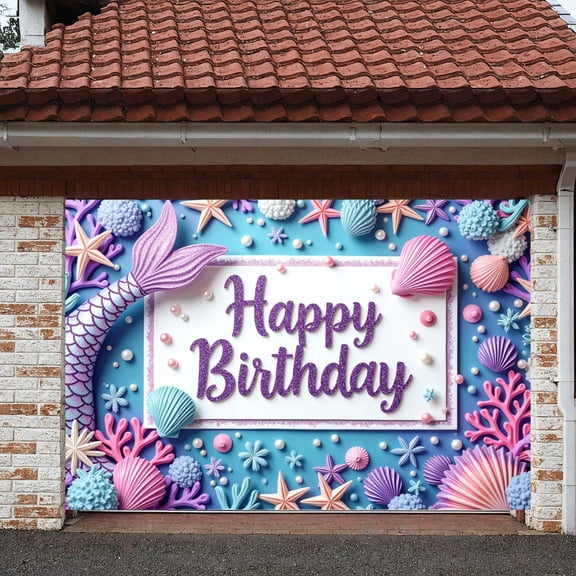 Mermaid Design Banner Shell Decor Underwater Party Backdrop Starfish Accent Purple Glitter Ocean Theme Background for Girls' Birthday Kids' Party Ocean Theme Party