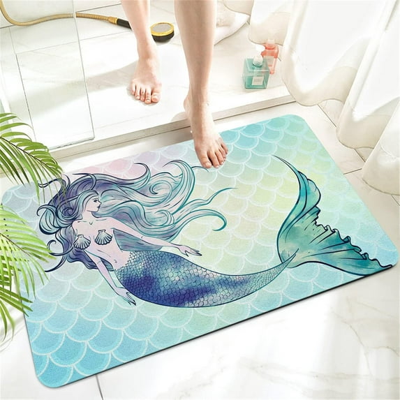 Mermaid Diatomaceous Earth Bath Mat Rug-Rubber Non Slip Quick Dry Super Absorbent Thin Bathroom Rugs Fit Under Door Shower Rug for in Front of Bathtub,Shower Room,Sink ( 17" L x 27" W Rectangle)