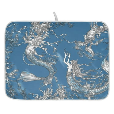 Mermaid Dish Drying Mat for Kitchen, Quick Drying Absorbent Soft Durable 16" x 18"