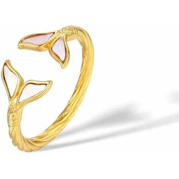 Mermaid Dolphin Whale Tail Ring for Women,18k Gold Plated Titanium and Mother of Pearl Rings