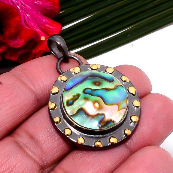 Mermaid Dream Abalone Shell - Australia Black And Gold Plated Designer 925 Sterling Silver Pendant 1.64" Sku8, Cyan Pendant, Natural Gemstone Pendant