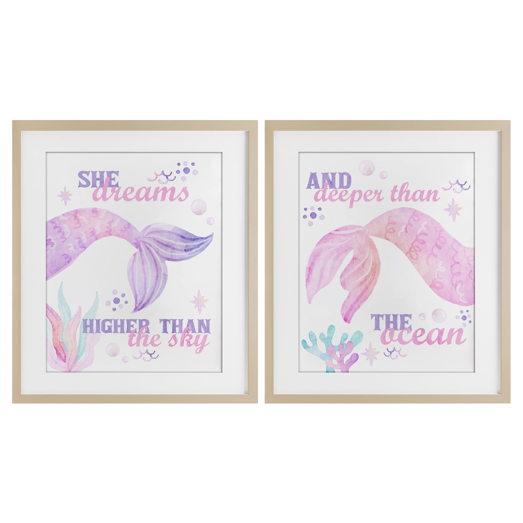 Mermaid Dreams Ocean & Sky 2 Piece Birch Framed Print Under Glass Set, design by Kim Allen