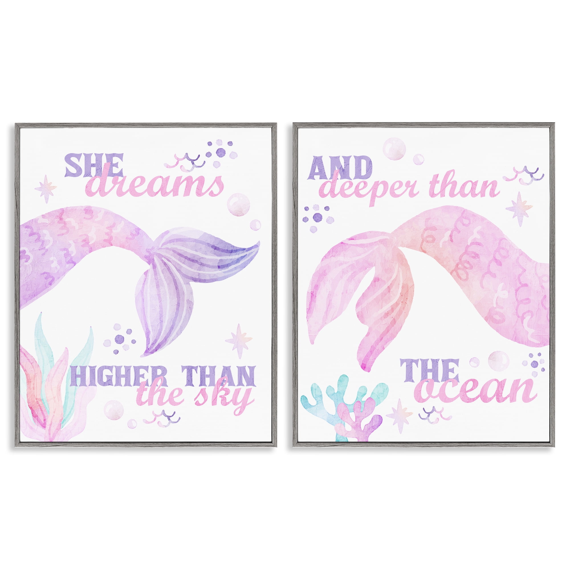 Mermaid Dreams Ocean & Sky 2 Piece Gray Framed Giclee Art Set, design by Kim Allen