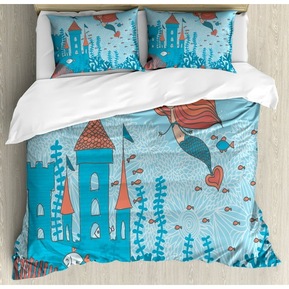Mermaid Duvet Cover Set, Art of Little Girl Under the Sea in Corals Castle and Little Fish Print, Decorative 3 Piece Bedding Set with 2 Pillow Shams, Calking Size, Teal Orange, by Ambesonne