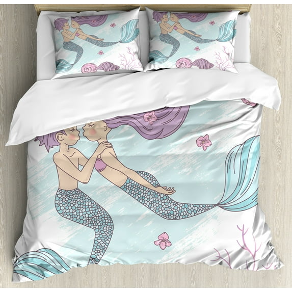 Mermaid Duvet Cover Set, Cartoon of Underwater Couple with Fish Tails, Decorative 3 Piece Bedding Set with 2 Pillow Shams, King Size, Lilac Pale Blue, by Ambesonne