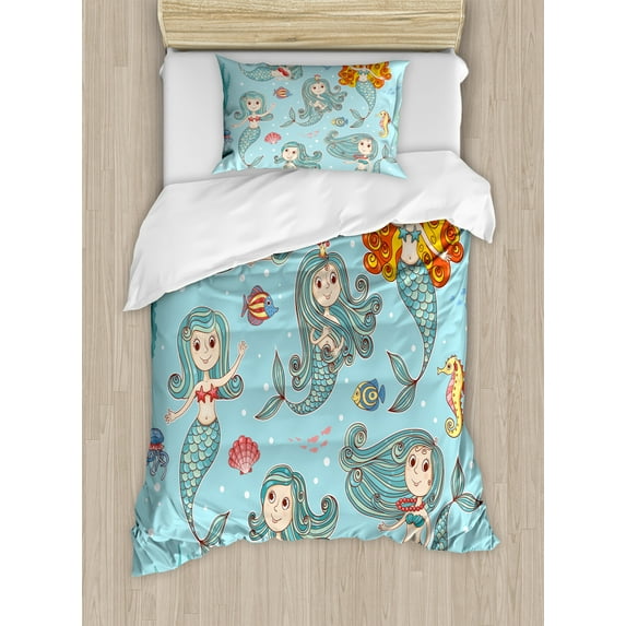 Mermaid Duvet Cover Set, Composition Girls Different Types of Sea Creatures Marine Themed Print, Decorative 2 Piece Bedding Set with 1 Pillow Shams, Twin Size, Teal Orange, by Ambesonne