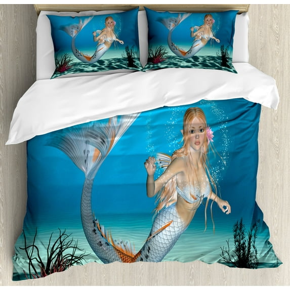 Mermaid Duvet Cover Set, Graphic of a Mermaid in Tropical Ocean Creature, Decorative 3 Piece Bedding Set with 2 Pillow Shams, Calking Size, Sea Blue Navy, by Ambesonne