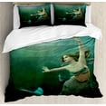 thumbnail image 1 of Mermaid Duvet Cover Set King Size, Computer Graphics of Mermaid Underwater Life Picture Dreamlike Design, Decorative 3 Piece Bedding Set with 2 Pillow Shams, Jade Green Teal Ivory, by Ambesonne, 1 of 3