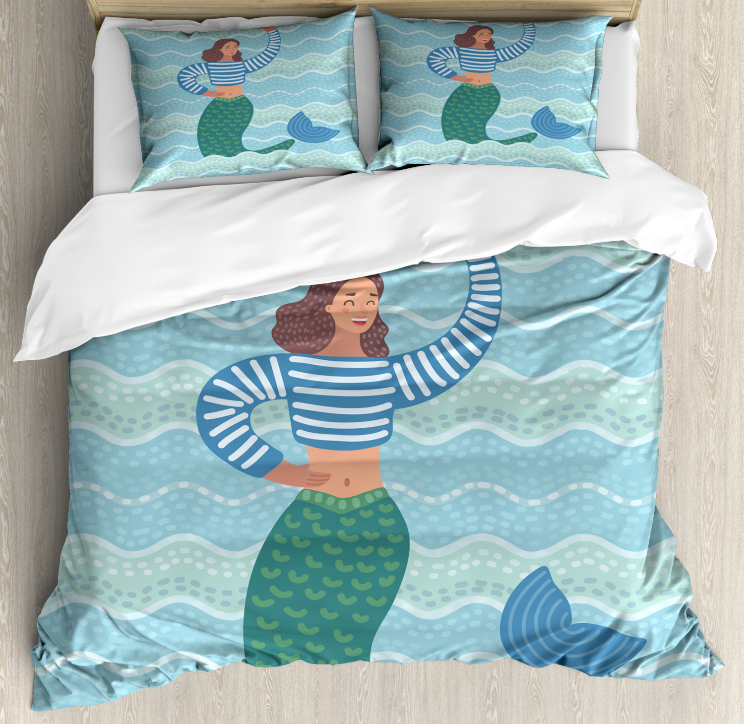 Mermaid Duvet Cover Set King Size, Fish Tailed Woman Waving Happily on Abstract Doodle Waves Pastel Tones Illustration, Decorative 3 Piece Bedding Set with 2 Pillow Shams, Multicolor, by Ambesonne - image 1 of 3